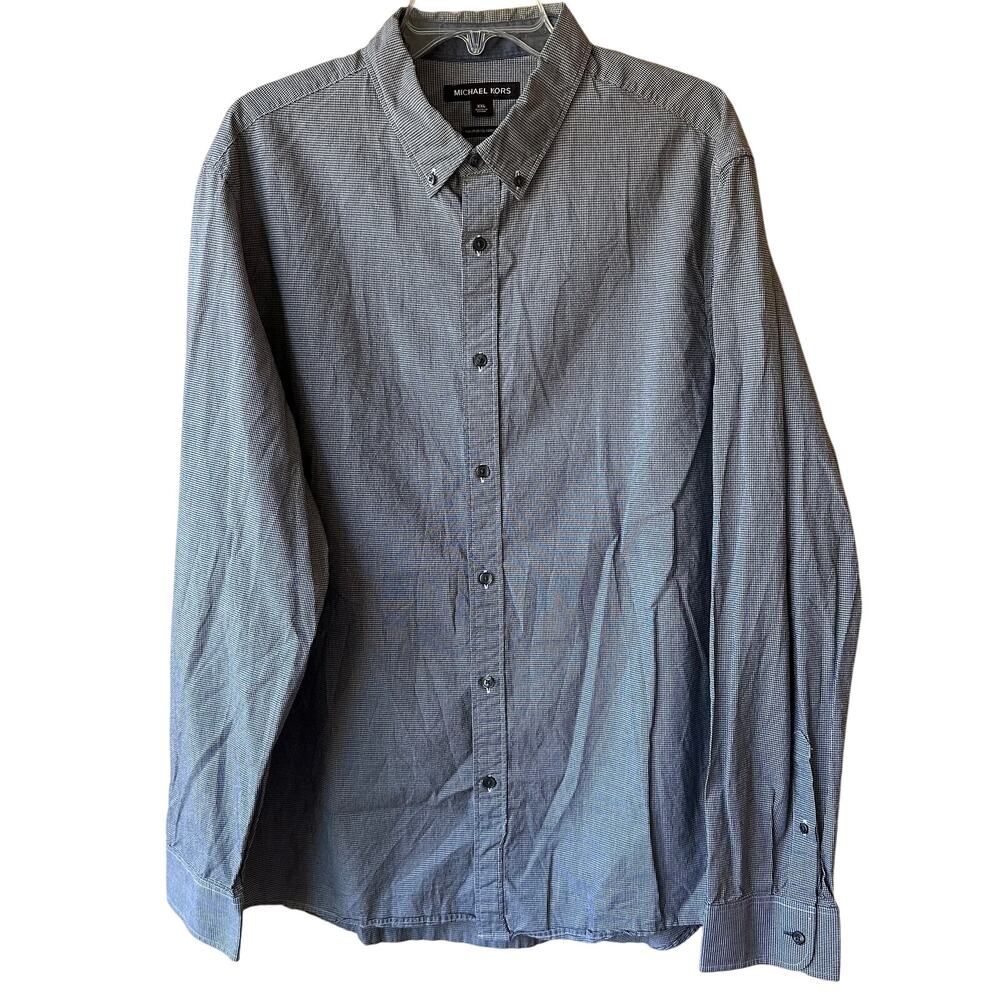 Michael Kors Button Down Shirt Micro Plaid Classic Fit White Black Men's XXL